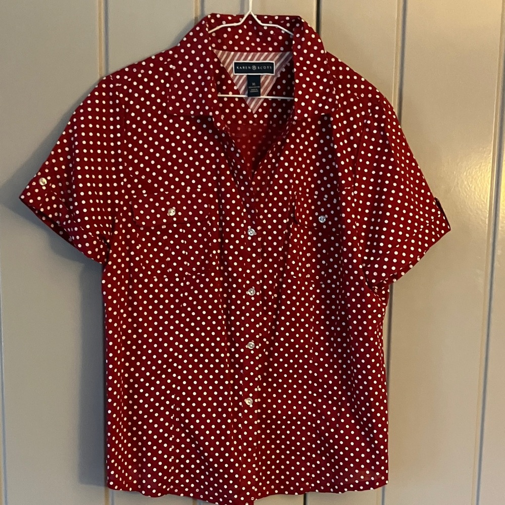 Karen Scott Red and White Polka Dot Blouse